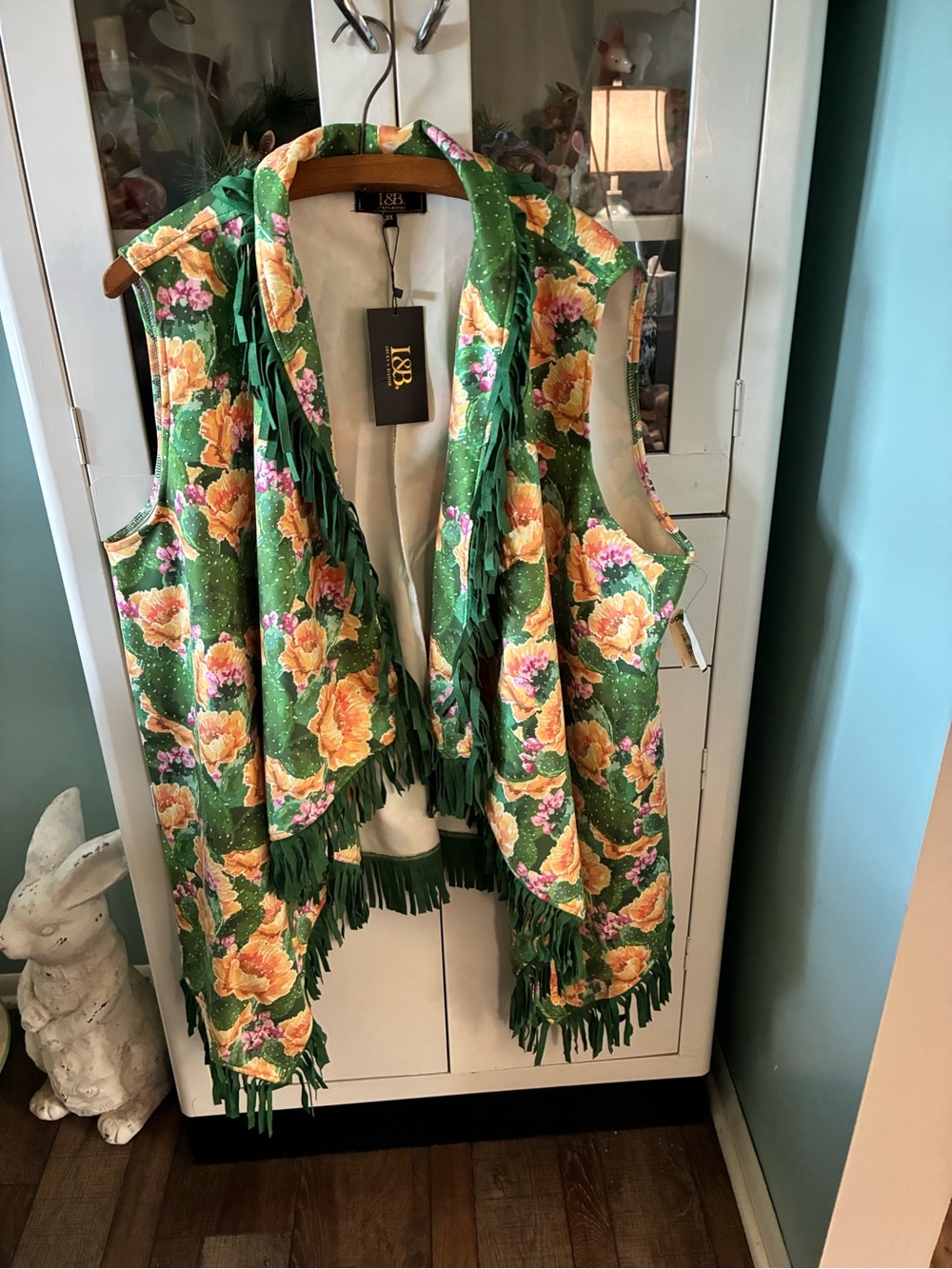 L&B sz 3X Floral Fringe Vest in Green and Yellow nwt